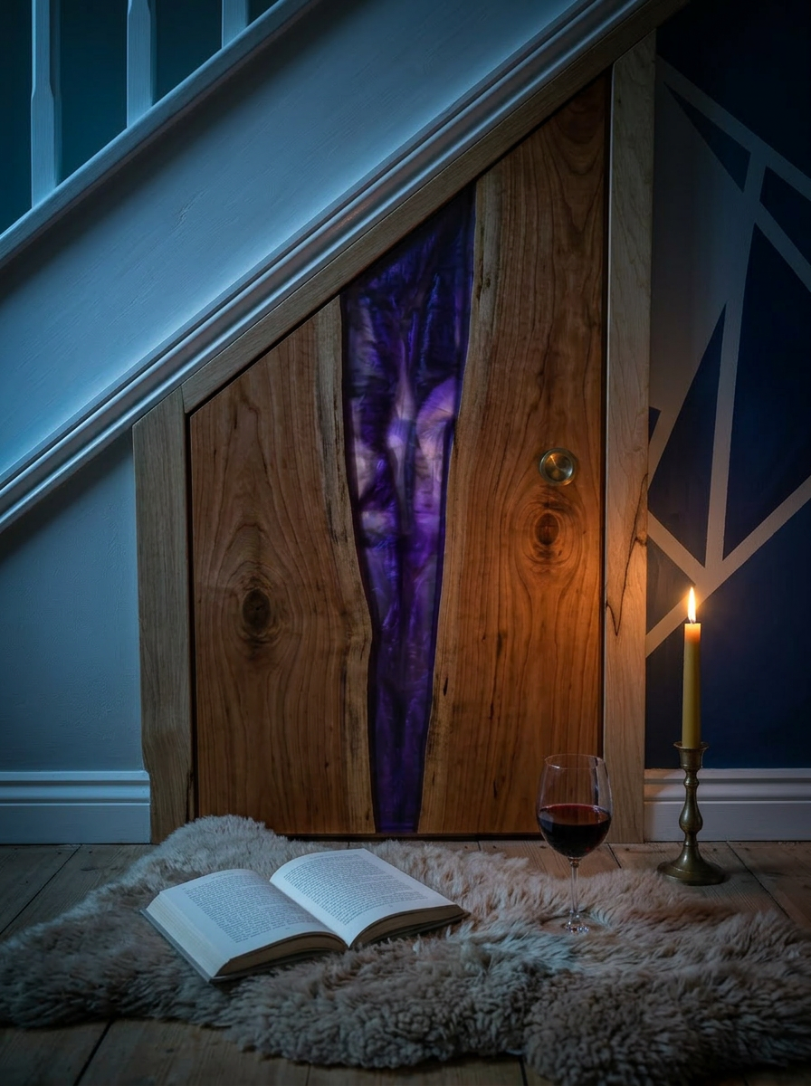 Under-stair cherry and purple resin river door at twilight with cool blue dusk light, a single brass taper candle, sheepskin rug and glass of red wine