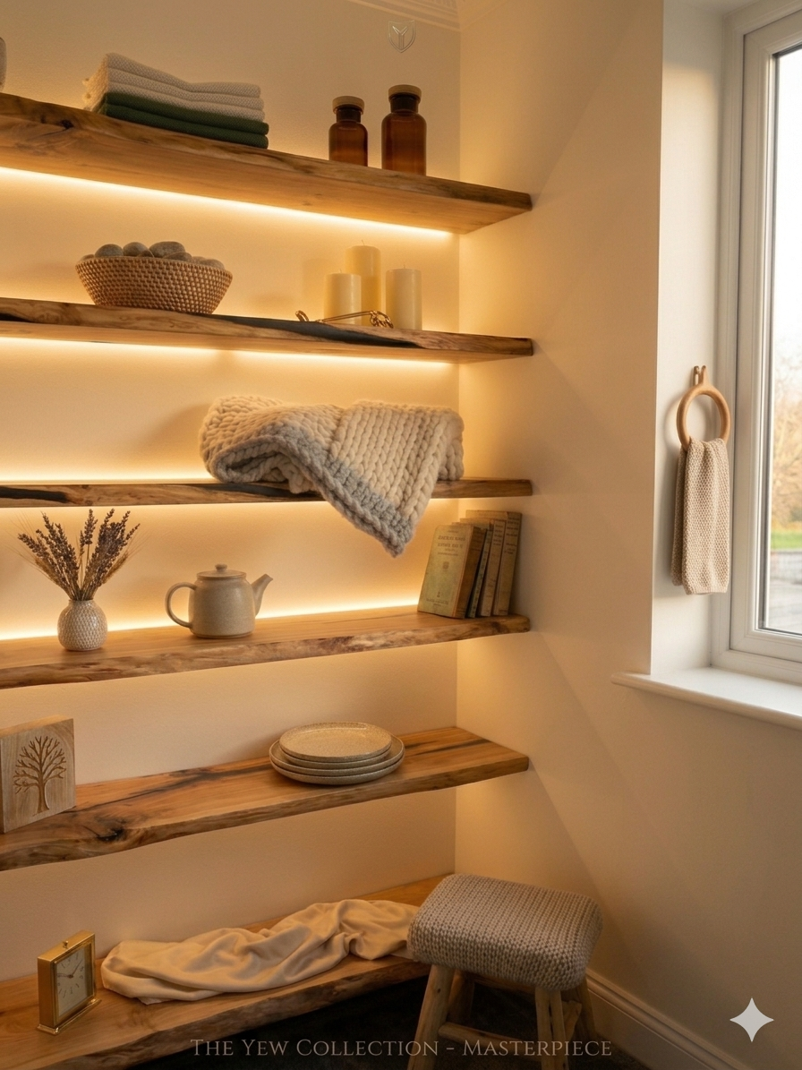 Live-edge yew floating shelves with linens, candles and pottery