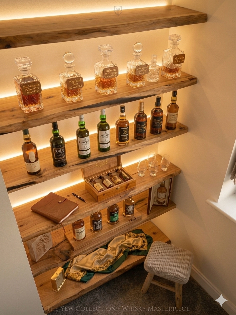 Yew floating shelves displaying a whisky decanter collection